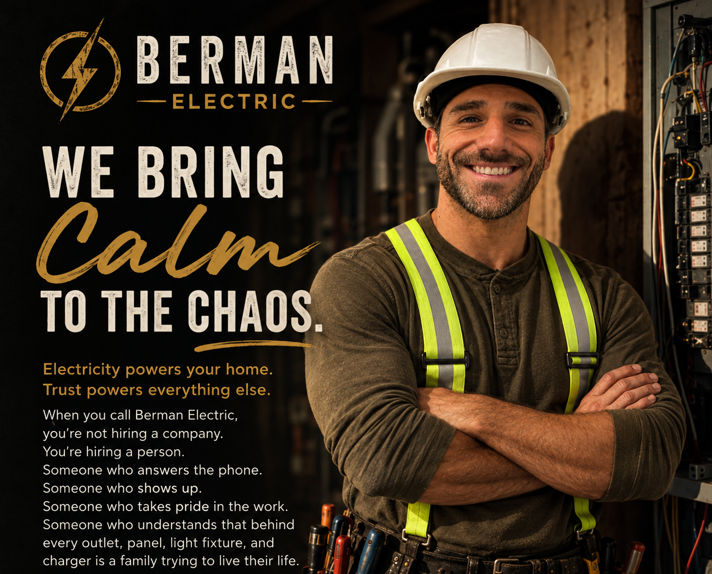 Berman Electric — We bring calm to the chaos. Rob Berman, licensed master electrician, in front of an electrical panel on Long Island NY